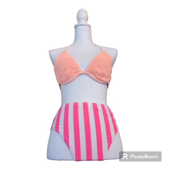 BRAZILLIAN cut HOT Pink Stripe HIGH Waisted Bikini Bottoms & Crotched top - Picture 8 of 12